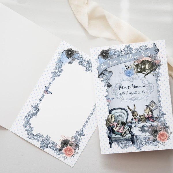 Personalised A5 Dusky Blue Alice in Wonderland Wedding or Anniversary Card