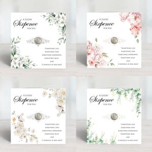 Tarjeta de regalo tradicional de plata de seis peniques de la suerte para la novia en varios diseños florales. Para buena suerte, felicidad y prosperidad en el matrimonio.