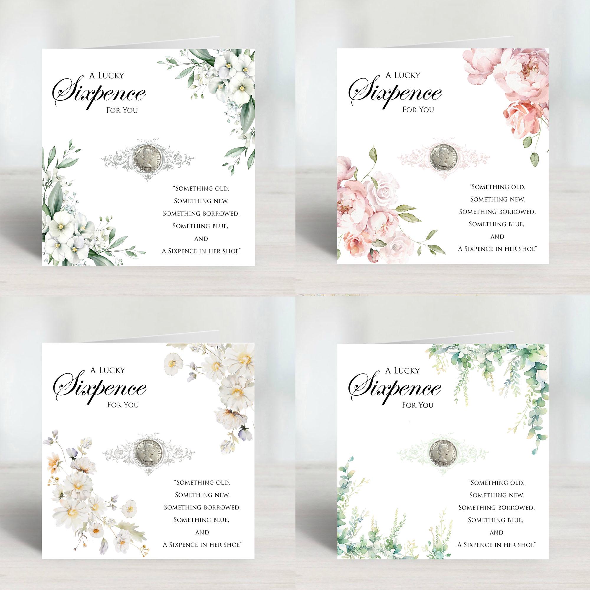 Traditional Lucky Silver Sixpence Gift card for the Bride in various floral designs. For Good Luck, Happiness & Prosperity in the marriage.