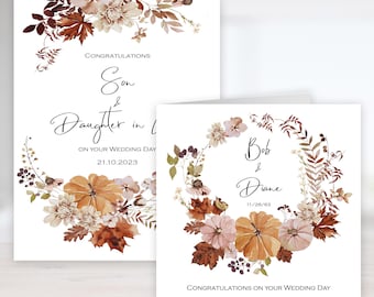 Personalised Elegant Rustic leaves and Pumpkins Autumn Fall Congratulations card for Weddings, anniversaries, in 2 sizes. 1st Class Postage