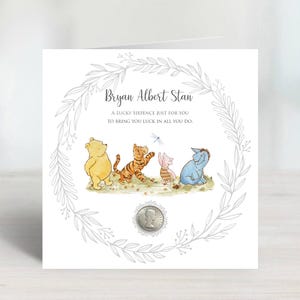 Buono regalo personalizzato Winnie The Pooh Good Lucky Silver Sixpence per nascite, battesimi, matrimoni, compleanni o semplicemente per dire "Buona fortuna!"