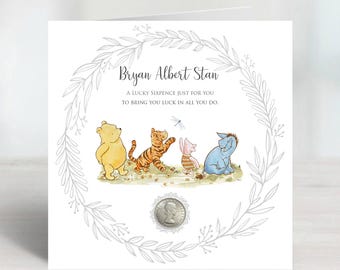 Personalised Winnie The Pooh Good Lucky Silver Sixpence Gift card for births, christenings, weddings, birthdays or just to say &quot;Good Luck!&quot;