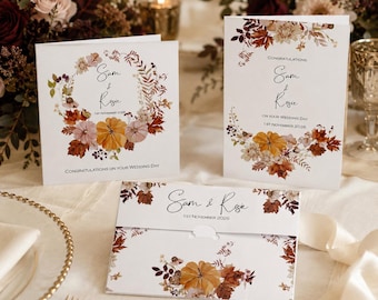 Personalised Rustic leaves and Pumpkins Autumn Fall Congratulations card for Weddings, anniversaries, in 2 sizes & matching Money wallet