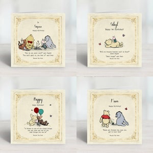 Cartões de aniversário vintage personalizados do Ursinho Pooh com citações atenciosas para amigos e familiares, dê a eles algo para lembrar.