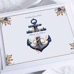 Boxed & Personalised Navy Nautical Anchor Wedding Guest Book
