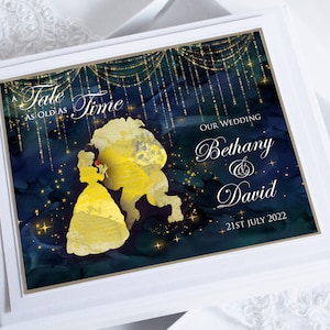 Libro degli ospiti personalizzato per matrimonio "La bella e la bestia" blu/oro con scatola dei ricordi