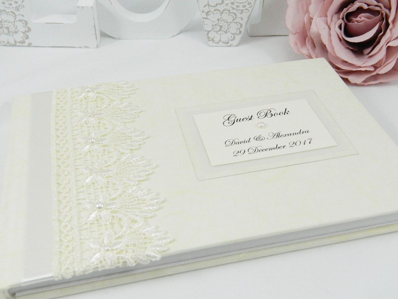 LARGE SIZE Vintage Guipure Lace /& Pearl Wedding Guest Book