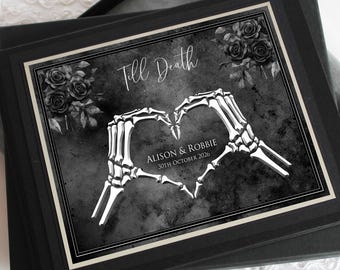 Boxed, Personalised Skeleton Hands Heart Guest book for weddings and other celebrations. Black & White with silver, gold + Guest book sign.