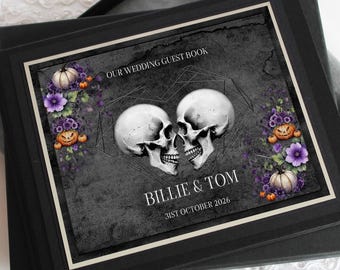 Boxed, Personalised Halloween + Pumpkins Guest book for weddings and other celebrations. Black with silver or gold + Guest book sign.