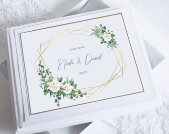 Boxed, Personalised Geometric White Peony And Eucalyptus Wedding Guest Book - Gold & Silver
