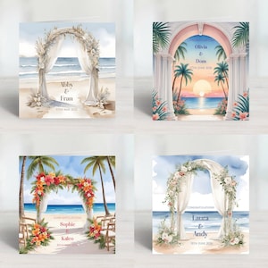 Gepersonaliseerde Beach Archway Gefeliciteerd, bruiloft, jubileumkaarten voor bruiloften en vieringen van bestemmingen, tropisch, Ibiza, Cyprus