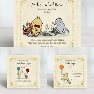 Tarjetas personalizadas vintage de Winnie The Pooh para nuevo bebé con citas hermosas y memorables que constituyen hermosos recuerdos para los padres.