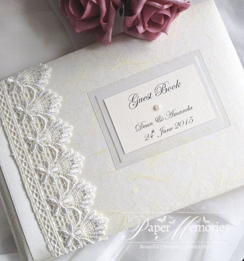 LARGE SIZE Vintage Guipure Lace /& Pearl Wedding Guest Book