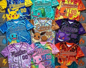 Poke verjaardag honkbaljersey kinderen, shirt Eevee gengar Squirtle, outfit Poke Party, bijpassende familiejersey, aangepast naamnummer