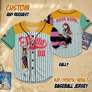 May include: Custom baseball jersey with a Sally design. The jersey is white with black pinstripes, a red "Sally" script, and the number "00". It has a yellow collar and sleeves with a teal accent. The text "KID/YOUTH/ADULT BASEBALL JERSEY" is visible.
