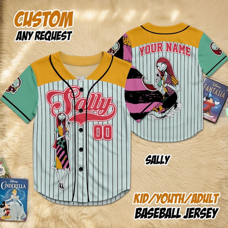 May include: Custom baseball jersey with a Sally design. The jersey is white with black pinstripes, a red "Sally" script, and the number "00". It has a yellow collar and sleeves with a teal accent. The text "KID/YOUTH/ADULT BASEBALL JERSEY" is visible.