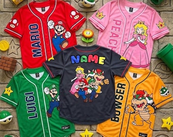 Super Mario Baseball Jersey for Kids – Mario, Yoshi, Bowser, Peach, Toad Cartoon Shirt, Nintendo Gaming Outfit Gift for Boys Girls, Luigi