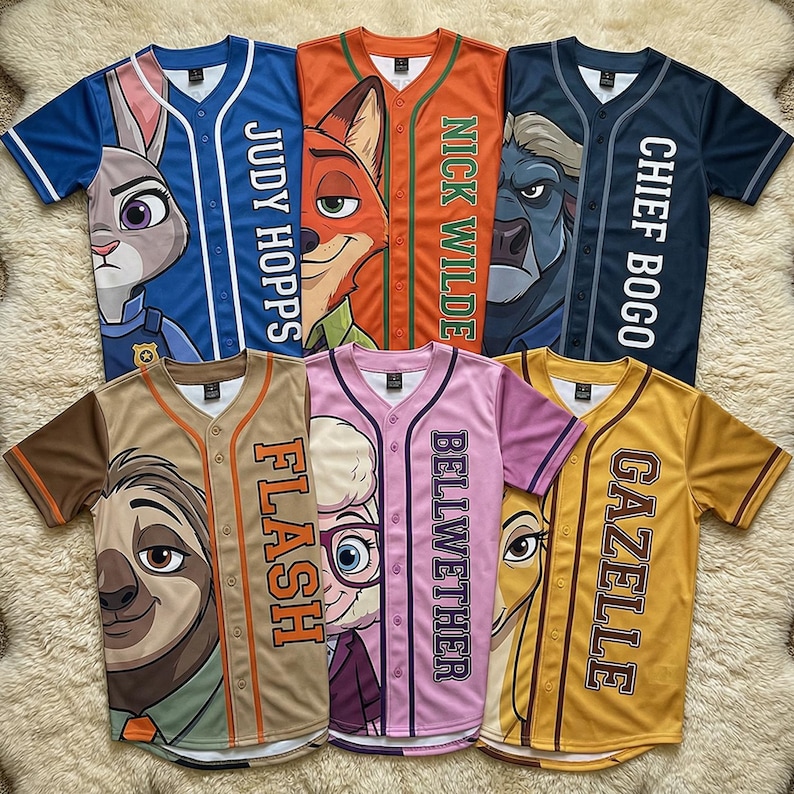 Op de afbeelding: Honkbalshirts met personages uit Zootopia. De shirts zijn in verschillende kleuren, waaronder blauw, oranje en geel, met afbeeldingen van personages en namen als "Judy Hopps" en "Nick Wilde". De shirts hebben knoopsluitingen en korte mouwen.