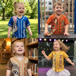 Op de afbeelding: Vier kinderen dragen honkbalshirts met personages uit de animatiefilm "Zootopia". De shirts zijn blauw, oranje, bruin en geel, met karakterafbeeldingen en namen als "Judy Hopps", "Nick Wilde", "Flash" en "Gazelle".