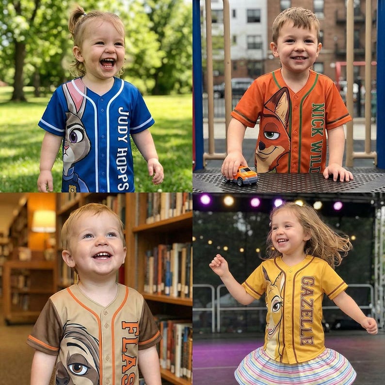 Op de afbeelding: Vier kinderen dragen honkbalshirts met personages uit de animatiefilm "Zootopia". De shirts zijn blauw, oranje, bruin en geel, met karakterafbeeldingen en namen als "Judy Hopps", "Nick Wilde", "Flash" en "Gazelle".
