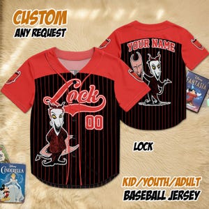 May include: Red and black baseball jersey with the name "Lock" and the number "00" on the front. The jersey features a cartoon character and the text "CUSTOM ANY REQUEST" and "KID/YOUTH/ADULT BASEBALL JERSEY".