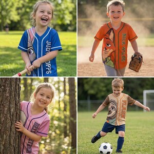 Op de afbeelding: Vier kinderen dragen honkbalshirts met cartoonkarakterontwerpen. De shirts zijn blauw, oranje en roze, met karakternamen en afbeeldingen. Een kind houdt een honkbalknuppel vast, een ander een handschoen en een derde trapt tegen een voetbal.