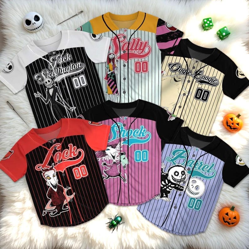 May include: Assortment of baseball jerseys featuring characters from "The Nightmare Before Christmas." Designs include Jack Skellington, Sally, Oogie Boogie, Lock, Shock, and Barrel. Each jersey has a number "00" on the front.