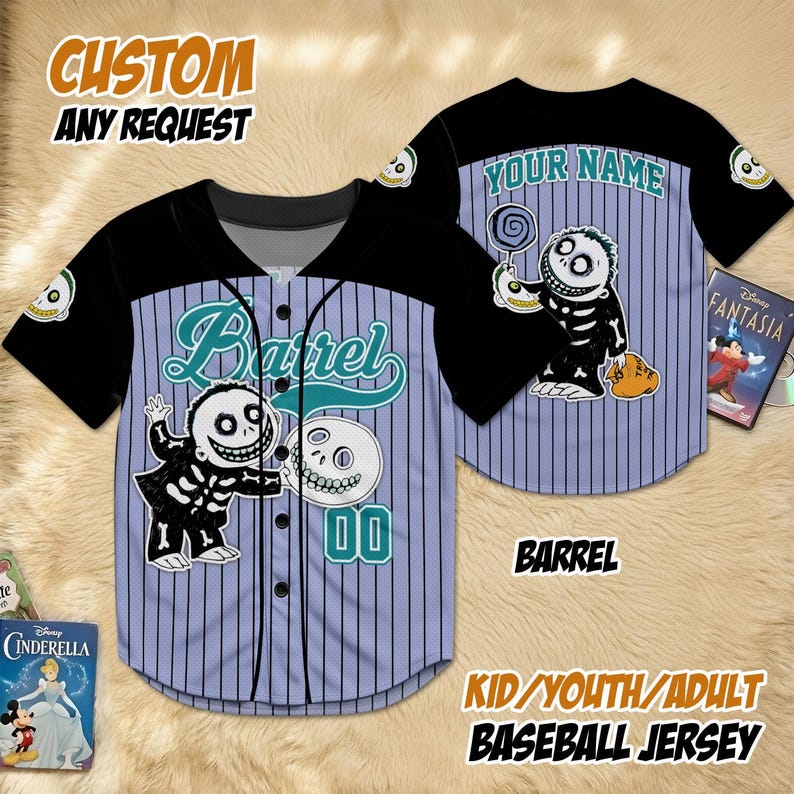 May include: A baseball jersey with a black and light blue design. The jersey features the word "Barrel" and a cartoon character. The text "CUSTOM ANY REQUEST" and "KID/YOUTH/ADULT BASEBALL JERSEY" are also visible.
