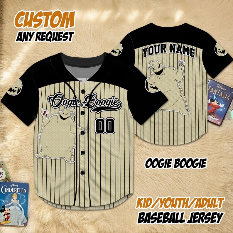 May include: A baseball jersey with a cream and black design, featuring the text "Oogie Boogie" and the number "00". The jersey has a cartoon character on the front and back, with the text "YOUR NAME" on the back. The text "CUSTOM ANY REQUEST" and "KID/YOUTH/ADULT BASEBALL JERSEY" are also visible.