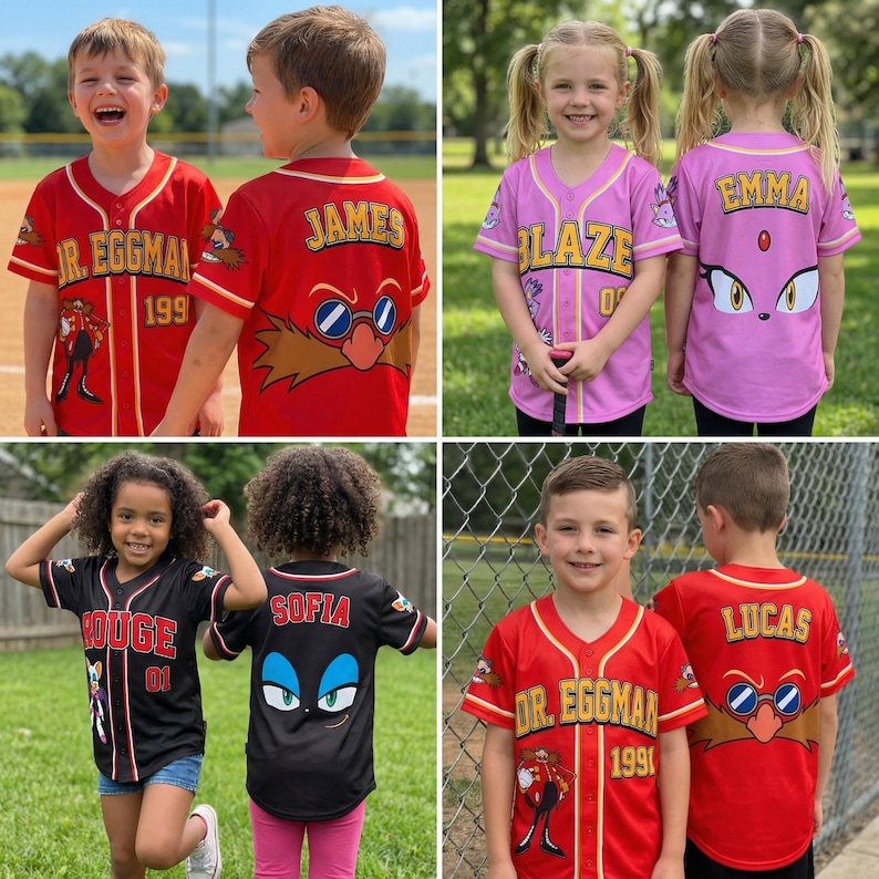 Op de afbeelding: Kinderhonkbalshirts in rood, zwart en roze, elk met karakterontwerpen en namen zoals "James", "Blaze", "Rouge", "Sofia", "Lucas" en "Dr. Eggman 1991".