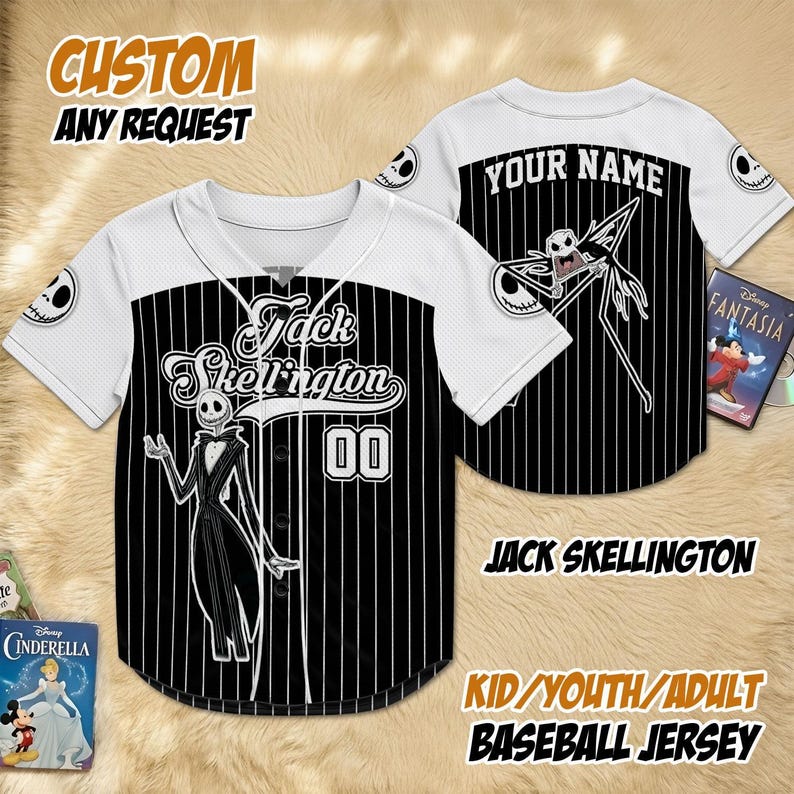 May include: A black and white baseball jersey with pinstripes, featuring Jack Skellington from The Nightmare Before Christmas. The jersey has the text "Jack Skellington" and "00" on the front, and "YOUR NAME" on the back. The sleeves are white.