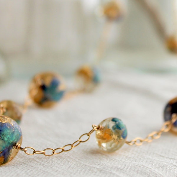 Gorgeous Blue Faceted Bead Eco Friendly Resin Jewelry Necklace with Pressed Flowers, Gold Leaf, and Gold Fill Chain