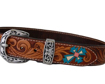 Beautiful Hand Tooled Leather Ladies' Belt Southwest Design