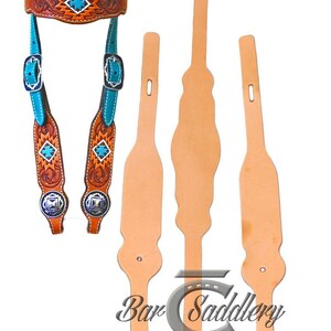 May include: A leather horse headstall featuring brown floral tooling, turquoise accents, and silver-toned conchos, accompanied by three plain light tan leather straps. The logo for Bar Saddlery is visible in the lower center of the image.