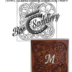 May include: A brown leather wedding bouquet wrap pattern with a floral and horseshoe design. The pattern is shown with a monogram "M" and the year "2021" carved into the leather.