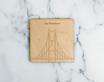 Golden Gate Bridge Illustrated Landmark Coaster - San Francisco, California - Engraved Birch - Made in the USA - City Gift or Souvenir