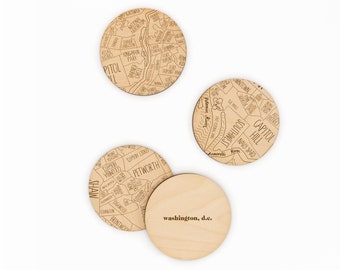 Washington, D.C. Neighborhood Map Drink Coasters - Engraved Birch  - Made in the USA - City Gift or Souvenir