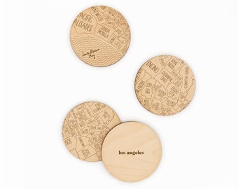 Los Angeles, California Neighborhood Map Drink Coasters - Engraved Birch  - Made in the USA - City Gift or Souvenir