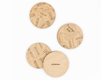 Syracuse, New York Neighborhood Map Drink Coasters - Engraved Birch  - Made in the USA - City Gift or Souvenir