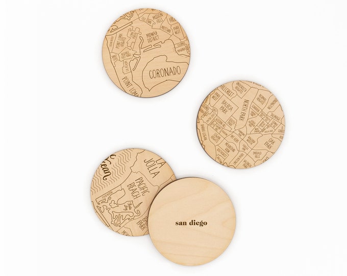 San Diego, California Neighborhood Map Drink Coasters - Engraved Birch  - Made in the USA - City Gift or Souvenir