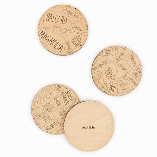Seattle, Washington Neighborhood Map Drink Coasters - Engraved Birch  - Made in the USA - City Gift or Souvenir
