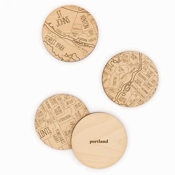 Portland, Oregon Neighborhood Map Drink Coasters - Engraved Birch  - Made in the USA - City Gift or Souvenir