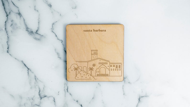 Great Gift Idea or Souvenir Santa Barbara County Courthouse Wood Engraved Coaster Made in the USA of Birch