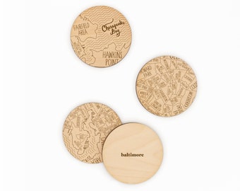 Baltimore, Maryland Neighborhood Map Drink Coasters - Engraved Birch  - Made in the USA - City Gift or Souvenir