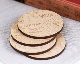 Manhattan, New York City Neighborhood Map Drink Coasters - Engraved Birch  - Made in the USA - City Gift or Souvenir
