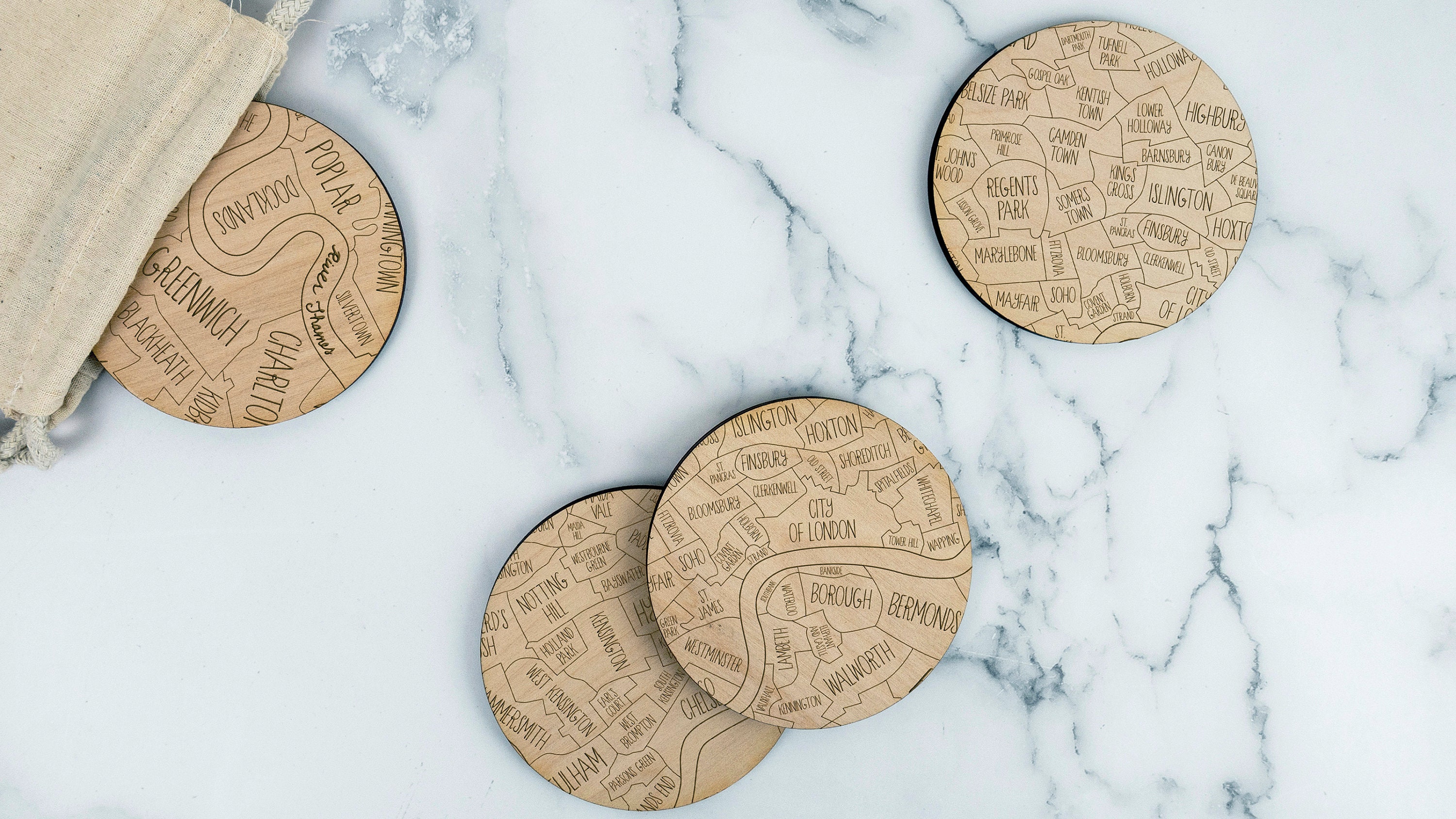 Londres, Angleterre Carte Du Quartier Drink Coasters - Bouleau Gravé Fabriqué Aux États-Unis Cadeau 