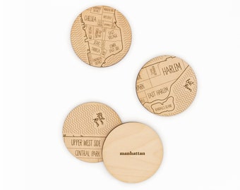 Manhattan, New York City Neighborhood Map Drink Coasters - Engraved Birch  - Made in the USA - City Gift or Souvenir