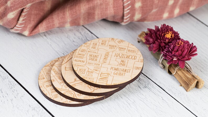 Portland Oregon Neighborhood Map Drink Coasters Engraved image 1