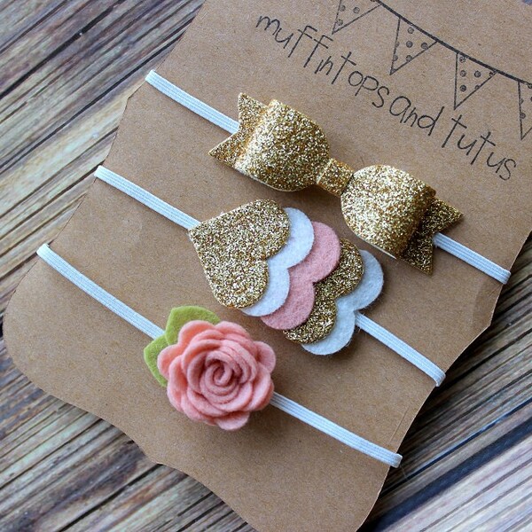 Felt and glitter headband set - newborn/baby/toddler headband - Petite headband set - blush and gold