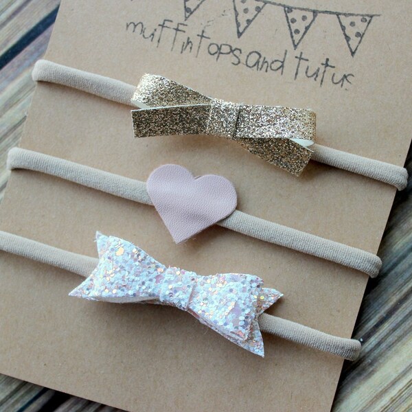 Nylon headband set - One size fits all - baby headband set - glitter and faux leather - peach, blush and gold